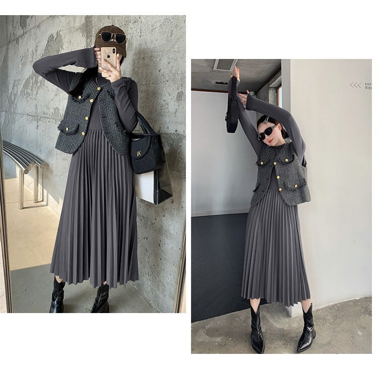 【set】ツイードジレ×ニットプリーツワンピースセット　N2123