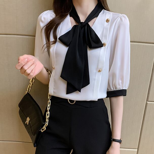 【tops】韓国ファッションタイカラー半袖配色着回しシンプルゆったりブラウスF0131