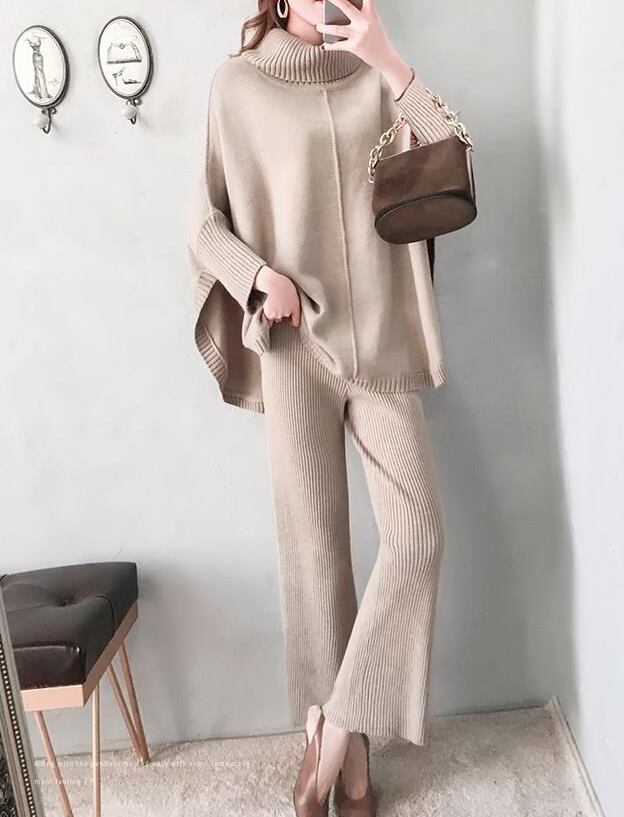 【set】ハイネックスリットニットセーター+無地着やせワイドレッグパンツ通勤日常おしゃれ2点セットF1472