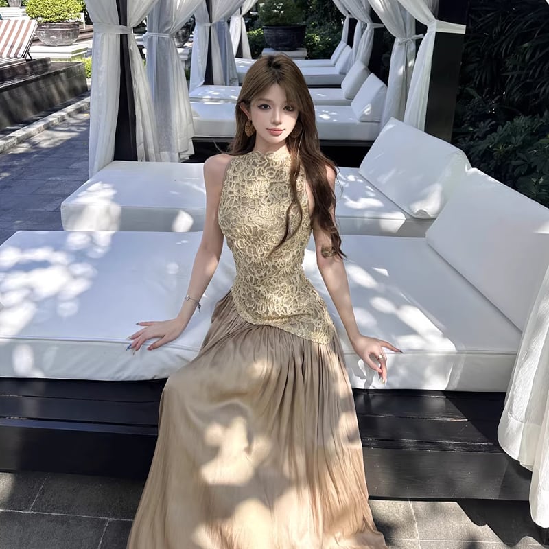 【dress】サテンドッキングノースリーブロングワンピース Q8045