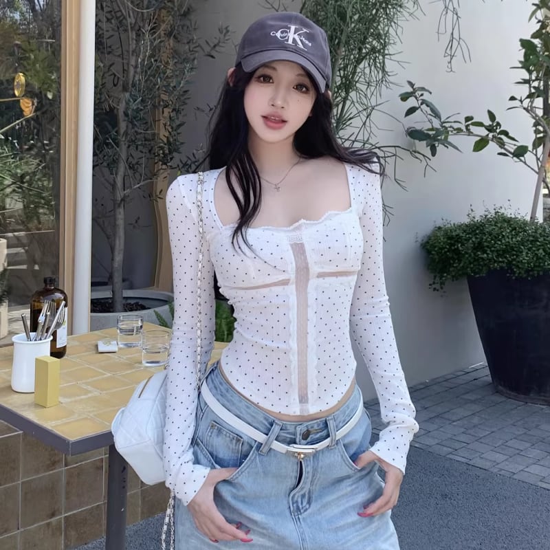 【tops】レースドッキングスクエアネックトップス Q8276