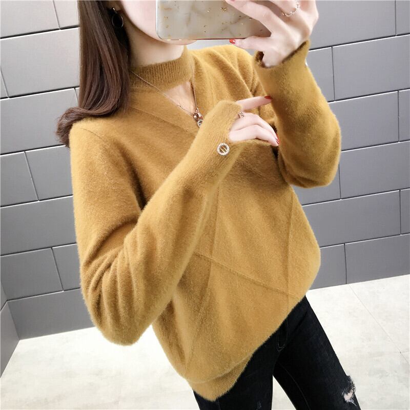 【tops】選べる5色！ハーフネック長袖メッシュ切り替え無地お洒落韓国風ニットセーターF0861