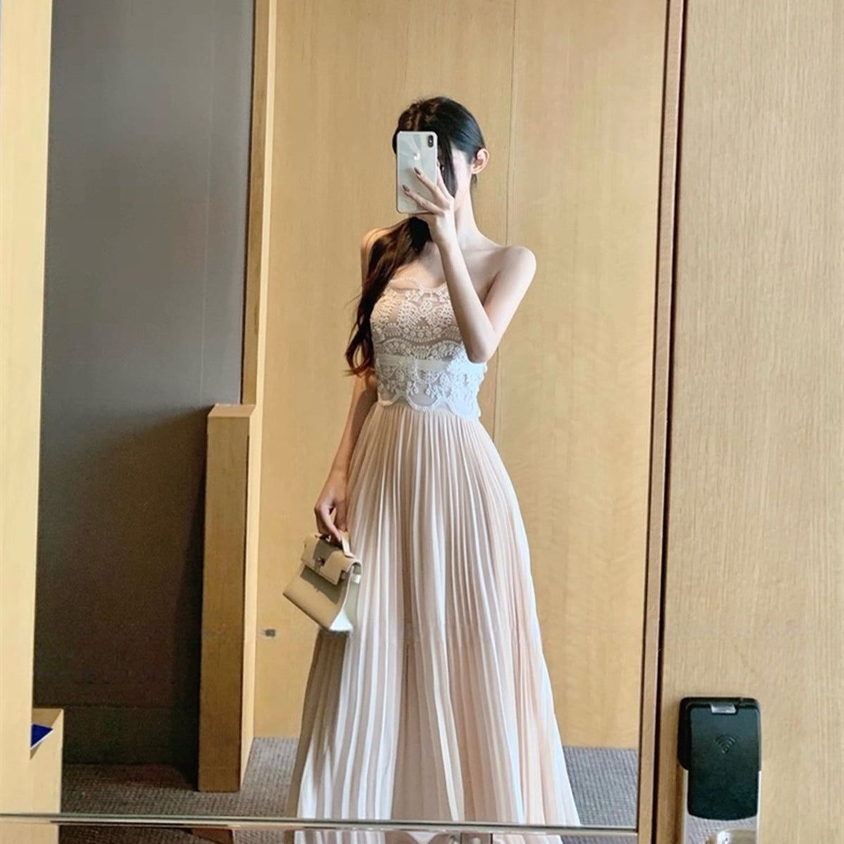 【dress】レースドッキングプリーツロングワンピース N3526