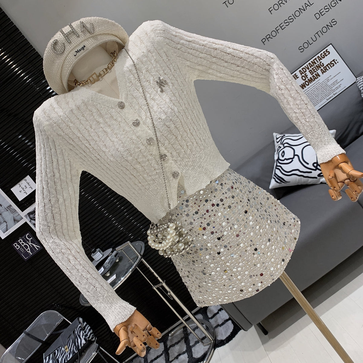 【set】ニットカーデ×スパンコールスカートセット　M26081