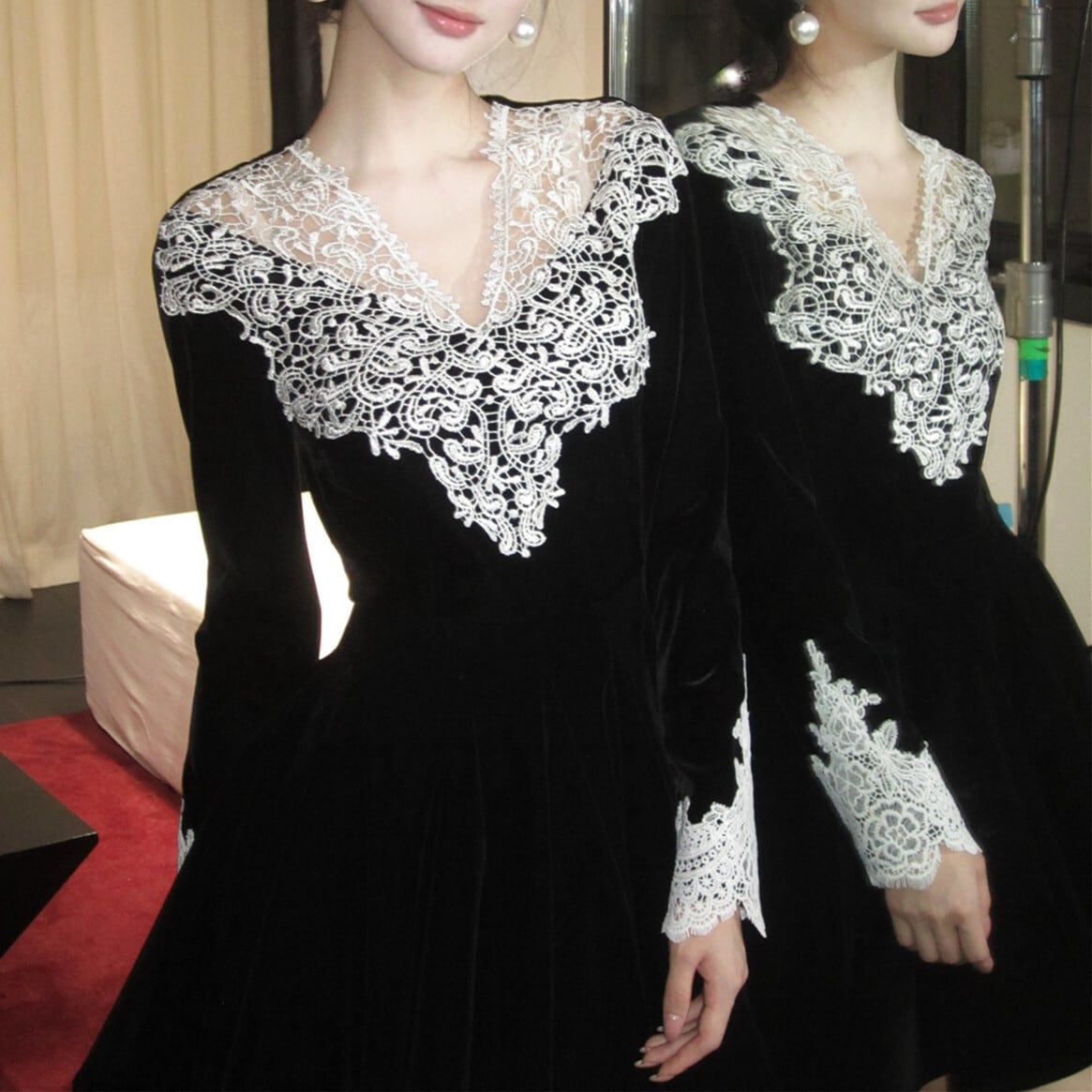 【dress】レーストリミングベロアワンピース　N3476