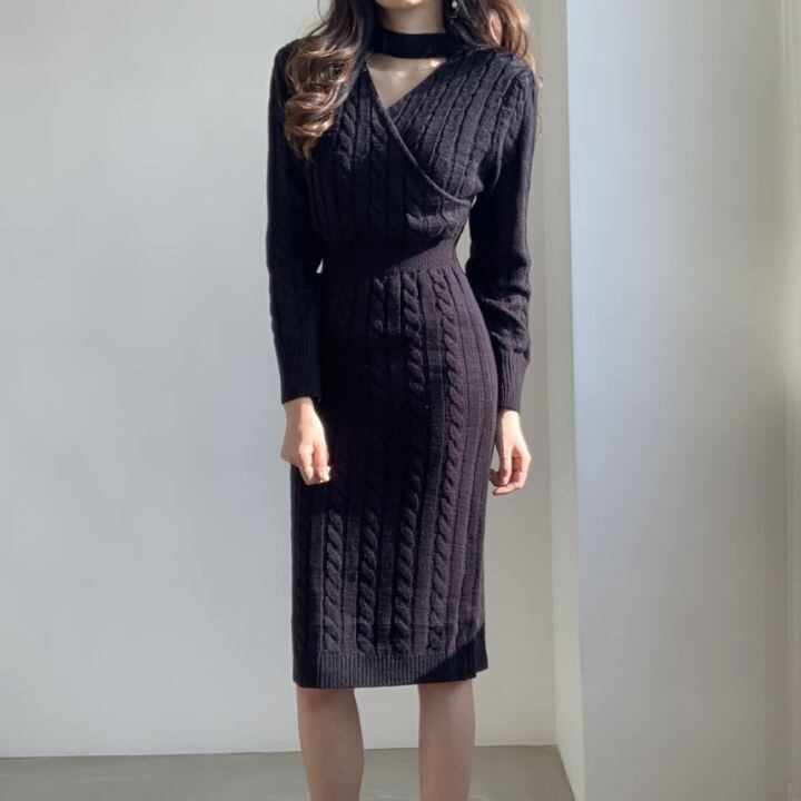 【dress】 韓国系!気質満点レトロ合わせやすい2WAYラウンドネックスリットニットワンピース G2944