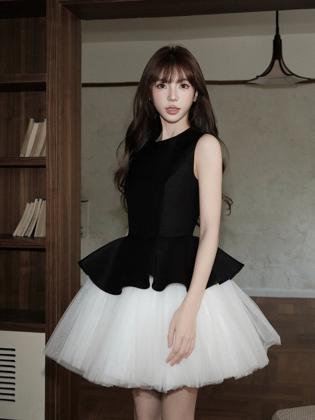 【dress】チュールドッキングノースリーブワンピース　N3092
