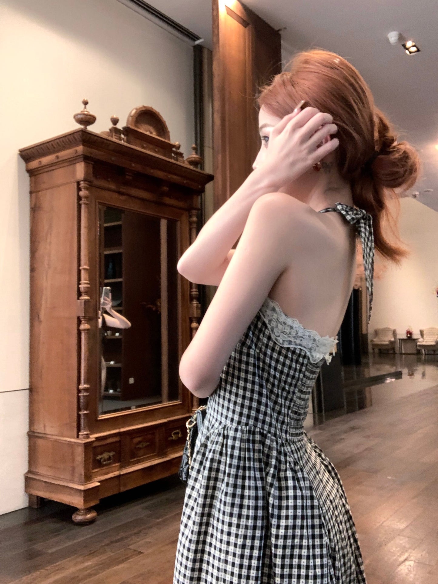 【dress】レース切り替えバックリボンチェック柄ワンピースF7789