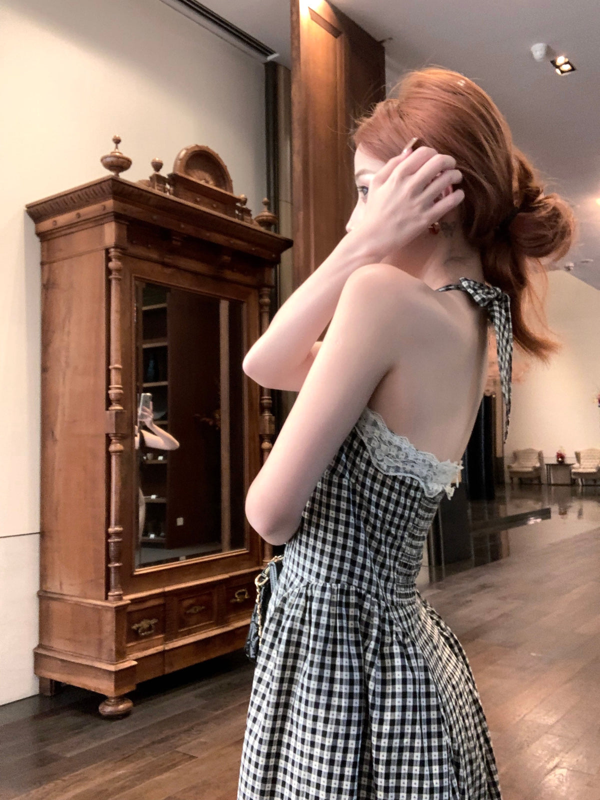 【dress】バックリボンレース切り替えチェック柄ワンピース　N2683