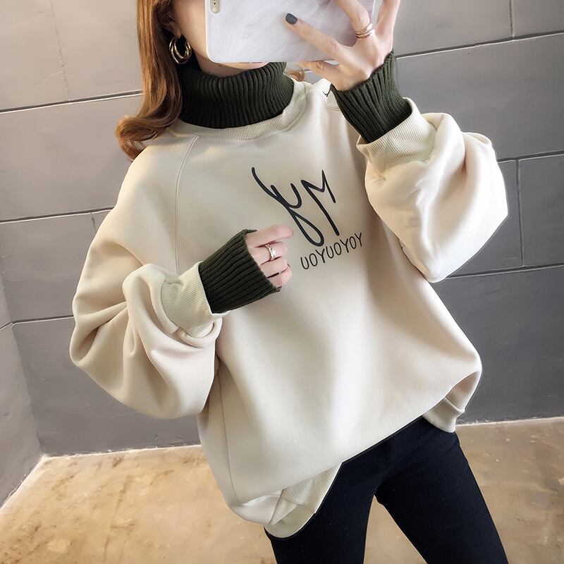 【tops】店長推薦秋冬新作2色ハイネック長袖英字柄配色ゆったり切り替え着回しパーカーF0904