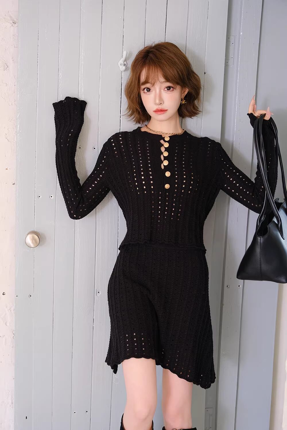 【set】ポインテールニットトップス×ニットミニスカートセット Q8462