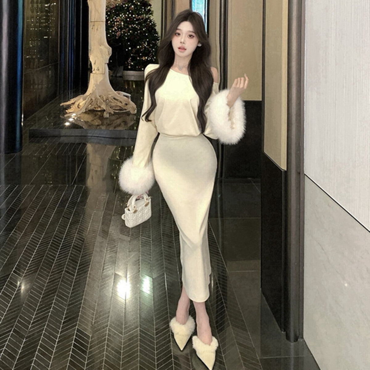 【dress】袖ファーニットワンピース　N2950