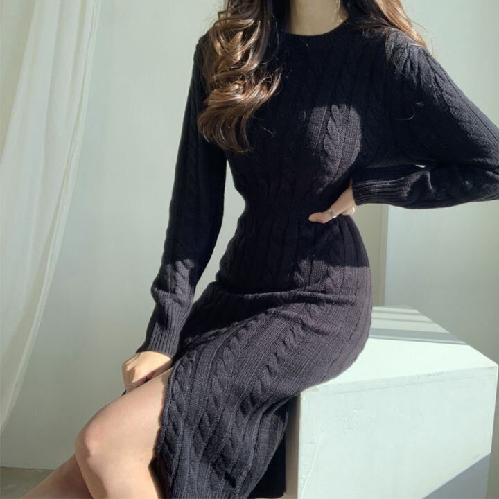 【dress】 韓国系!気質満点レトロ合わせやすい2WAYラウンドネックスリットニットワンピース G2944