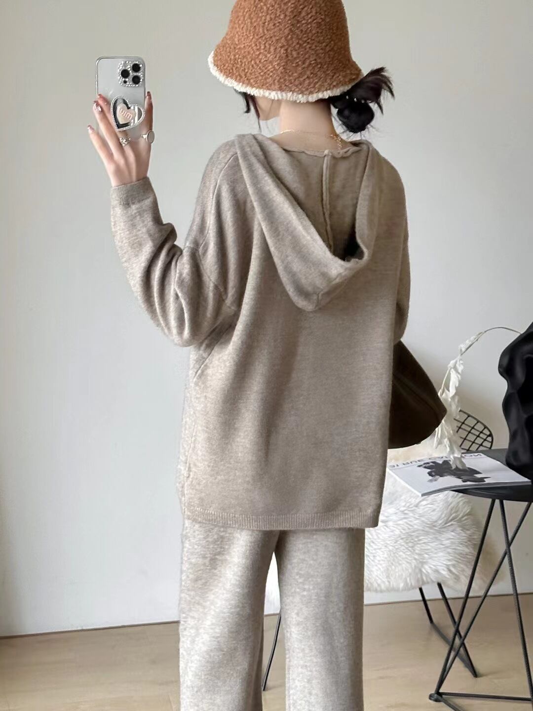 【set】フード付きニットトップス×ワイドパンツセット　N2142