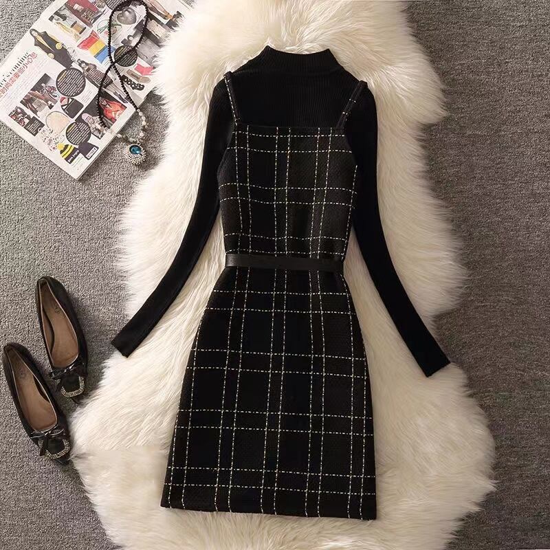 【set】一目惚れ！2点セット無地セーター+Vネックウェスト絞りチェック柄キャミワンピース通勤日常セットアップF1405