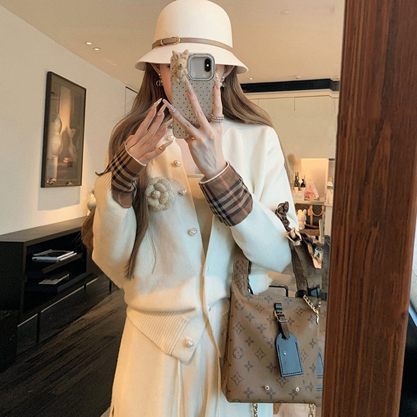 【set】チェック柄切り替えニットカーディガン×ワイドパンツセット　N3307