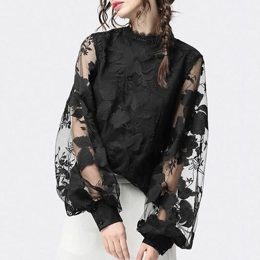 【tops】女性力を高める〜ラウンドネック半袖パフスリーブレースファッションブラウスF0082