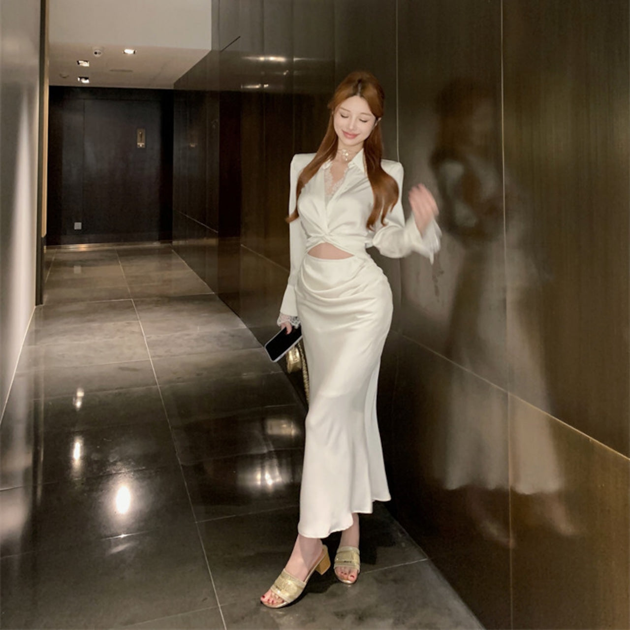 【dress】レース切り替えウエストリボンワンピースF8139　