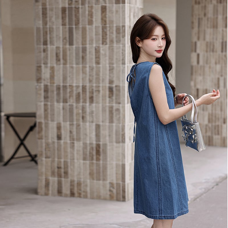 【dress】バックオーポンノースリーブデニムワンピース Q8421