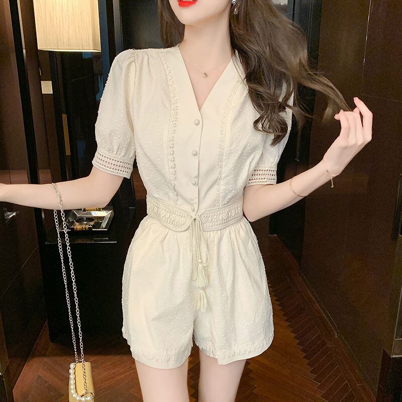 【set】Vネックトップス+ショートパンツ2点セットF7486