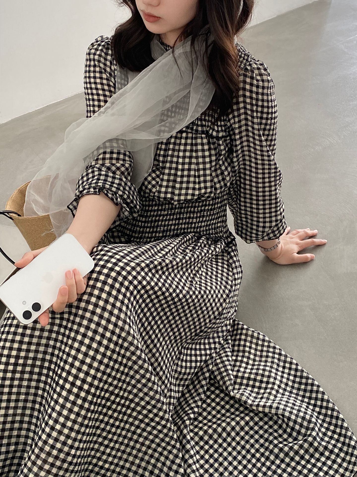 【dress】チェック柄ロングワンピース Q8249