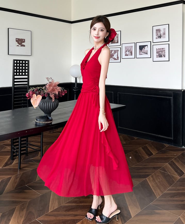 【dress】ノースリーブホルターネックロングワンピース Q8190