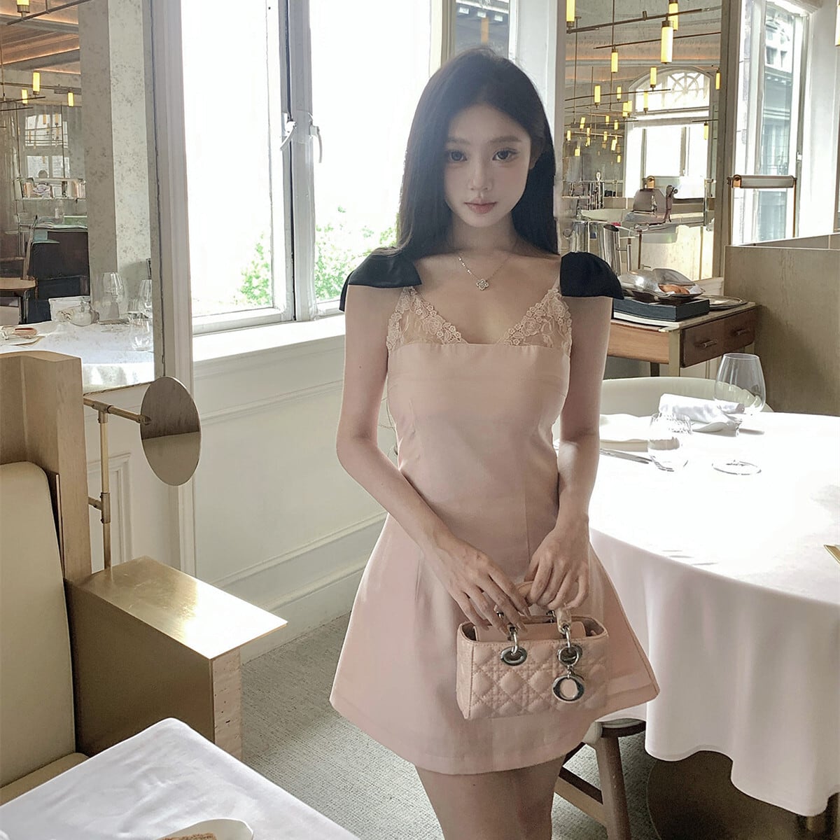 【dress】ショルダーリボンレースミニワンピース　N3129