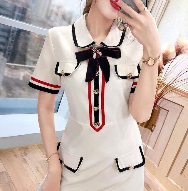 【dress】美感いっぱい2色POLOネック半袖配色韓国ファッションOL通勤ワンピースF2686