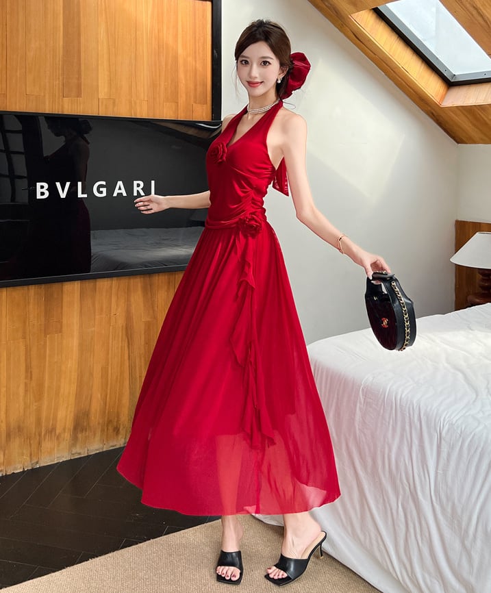 【dress】ノースリーブホルターネックロングワンピース Q8190