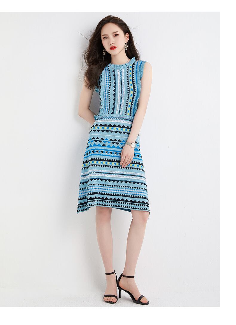 【dress】ファッションストライプ柄切り替え気質満点ノースリーブニット ワンピース G0407