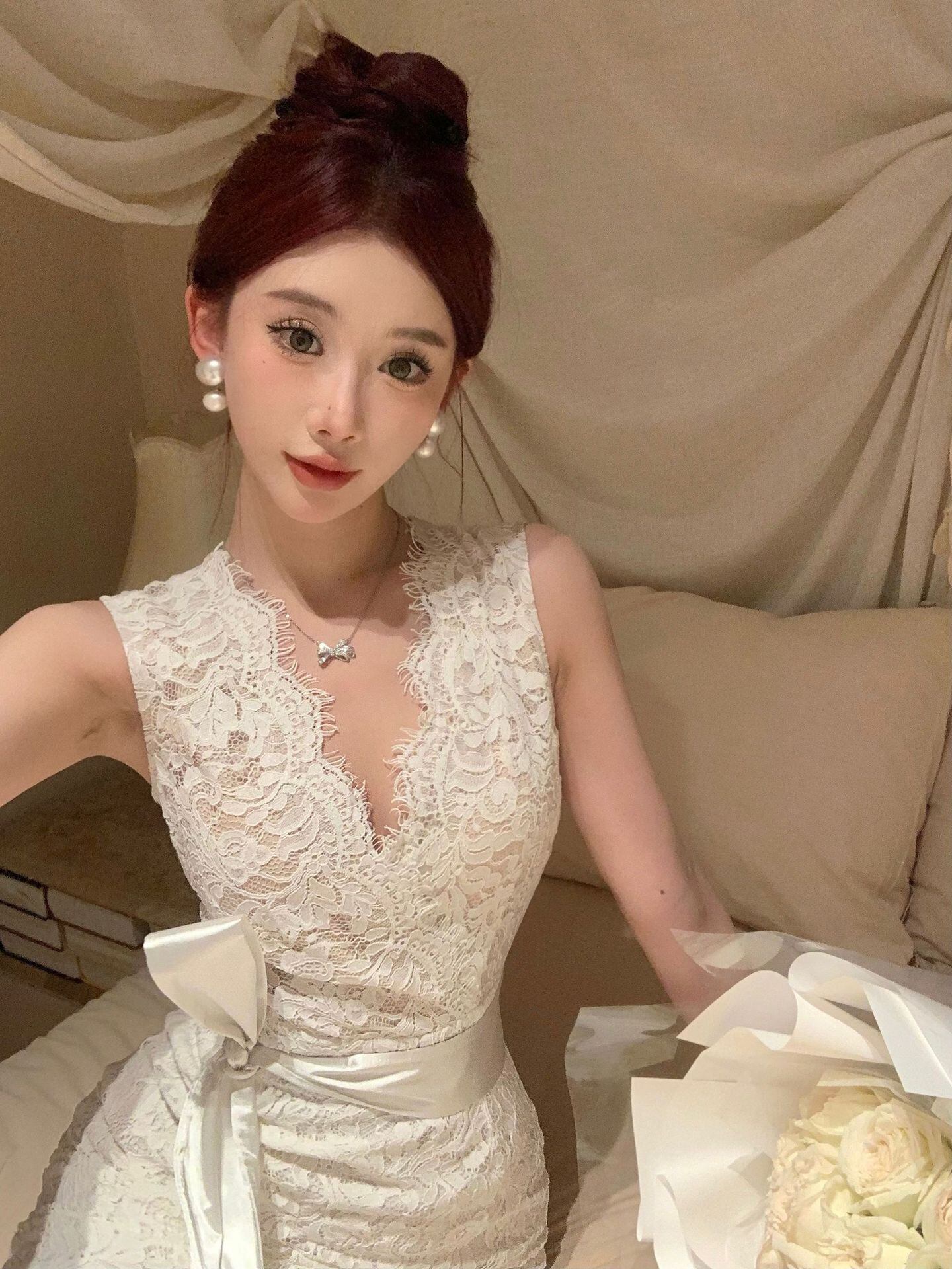 【dress】Vネックレースタイトワンピース G21008