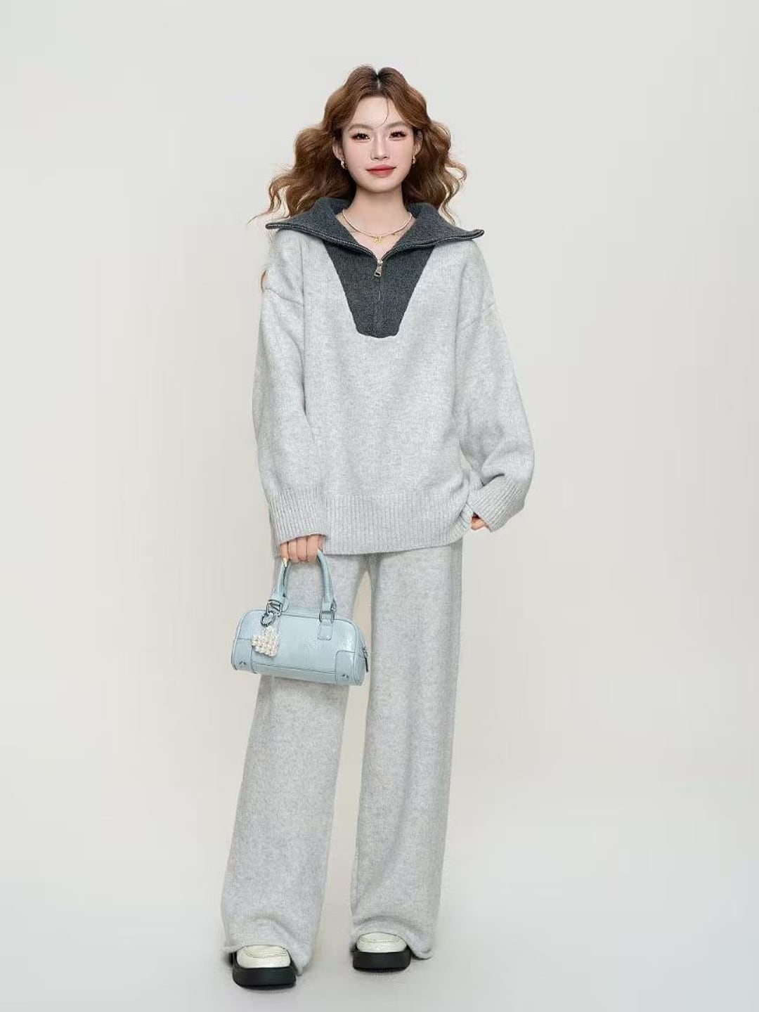【set】フェイクレイヤードニットトップス×ワイドパンツセット Q7353
