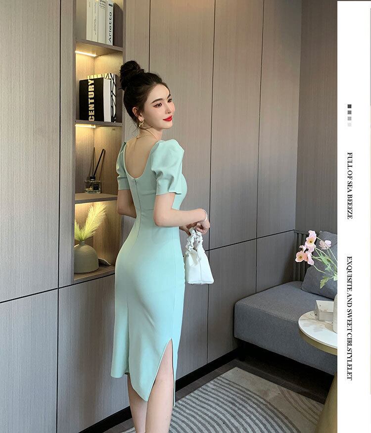 【dress】一目惚れ！韓国風INS風OL通勤スクエアネック半袖パフ袖スリット無地タイトワンピースF2364