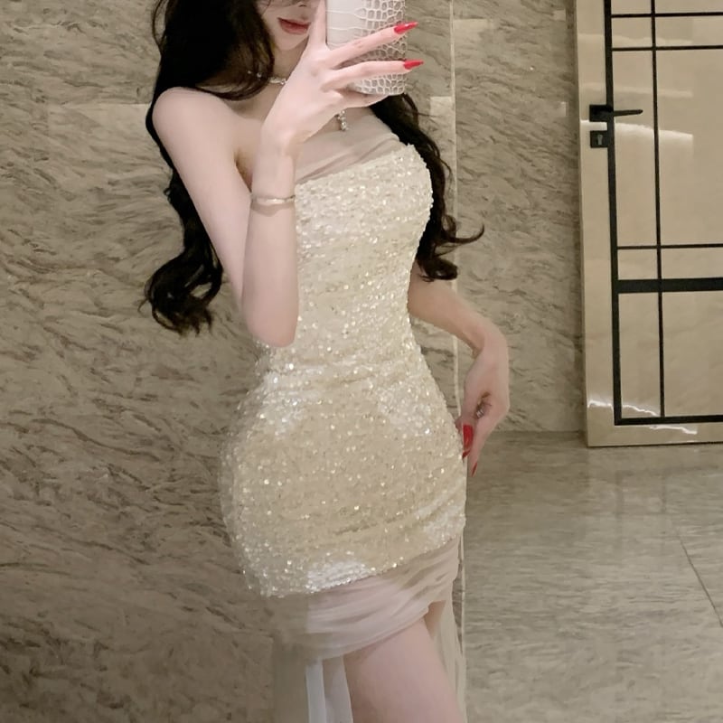 【dress】スパンコール付きチュールドッキングチューブドレス Q7996