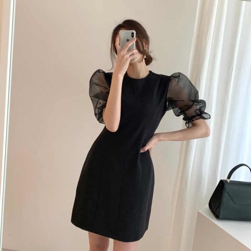 【dress】韓国風 気質満点ラウンドネックパフスリーブシフォン切り替えワンピース