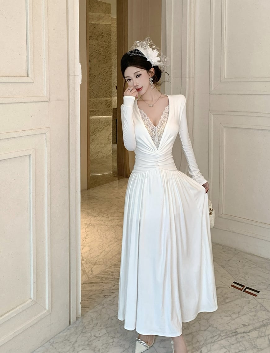 【dress】Vネックレースドッキングワンピース Q7425