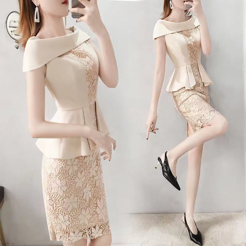 【dress】オシャレ度満点〜ギャザーレース切り替えスリットOL通勤タイトンワンピースF2427