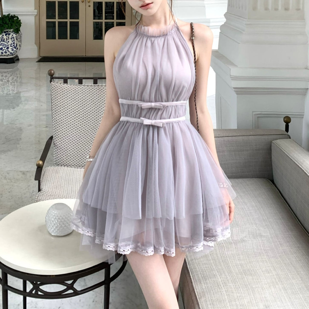【dress】バックリボンチュールミニワンピース　M31380