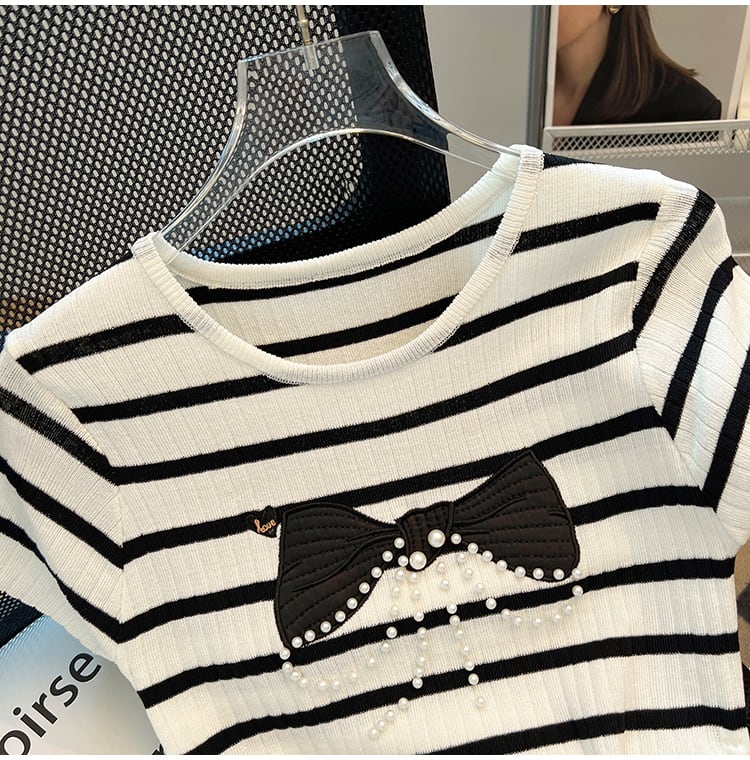 【tops】ビーズリボンニットTシャツG21546