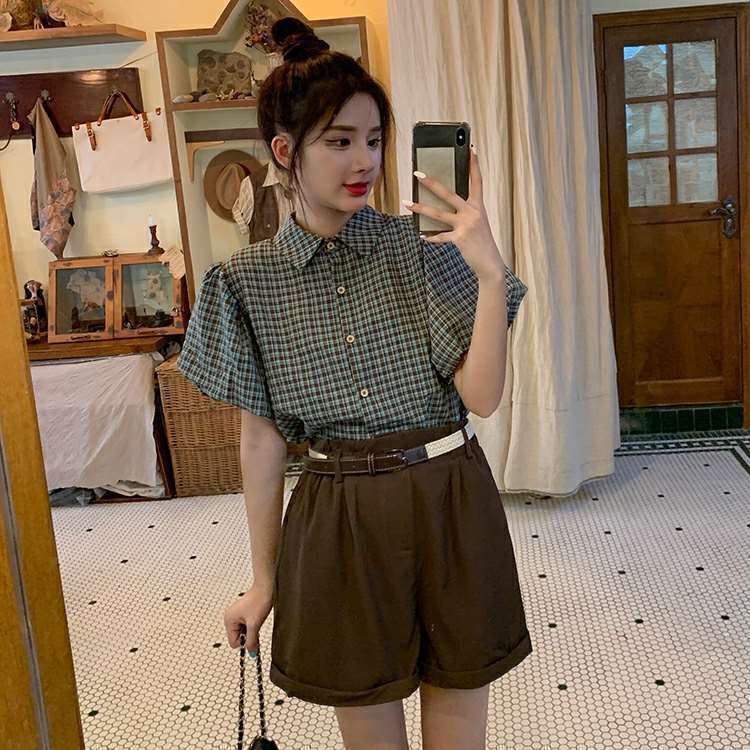 【set】チェック柄ブラウス+ショートパンツ２点セットG21352