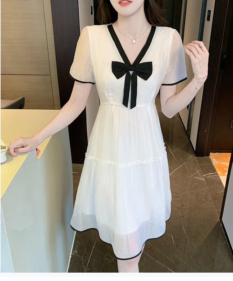【dress】Vネックリボンシフォンワンピース G20932