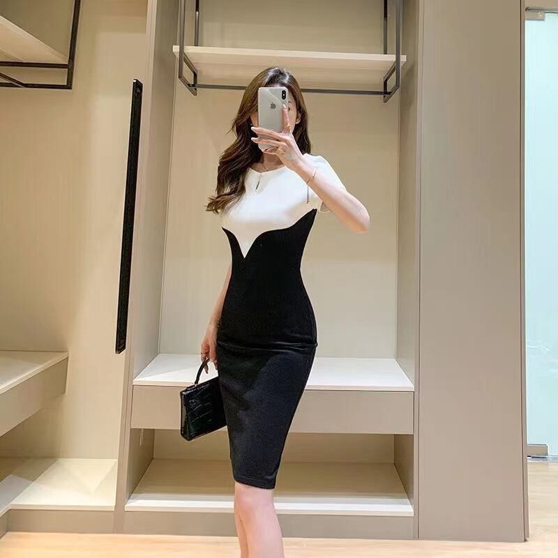 【dress】早い者勝ち夏新作2色ラウンドネック半袖配色韓国ファッションタイトワンピースF2630