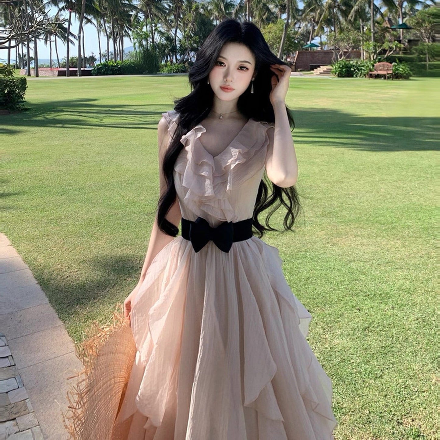 【dress】フリルリボンロングワンピース　N3537