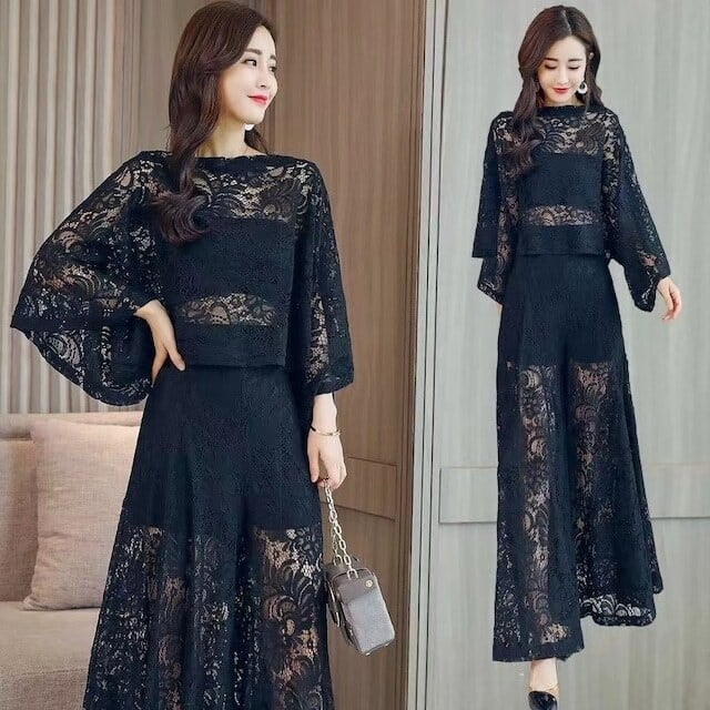 【set】ラウンドネックレース透かし彫りトップス（インナー付き)+カジュアルパンツ2点セット F1922