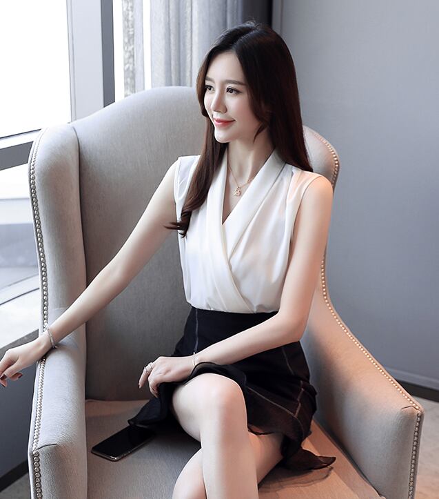 【tops】Vネックノースリーブ無地着回しタンクトップシフォンF0253