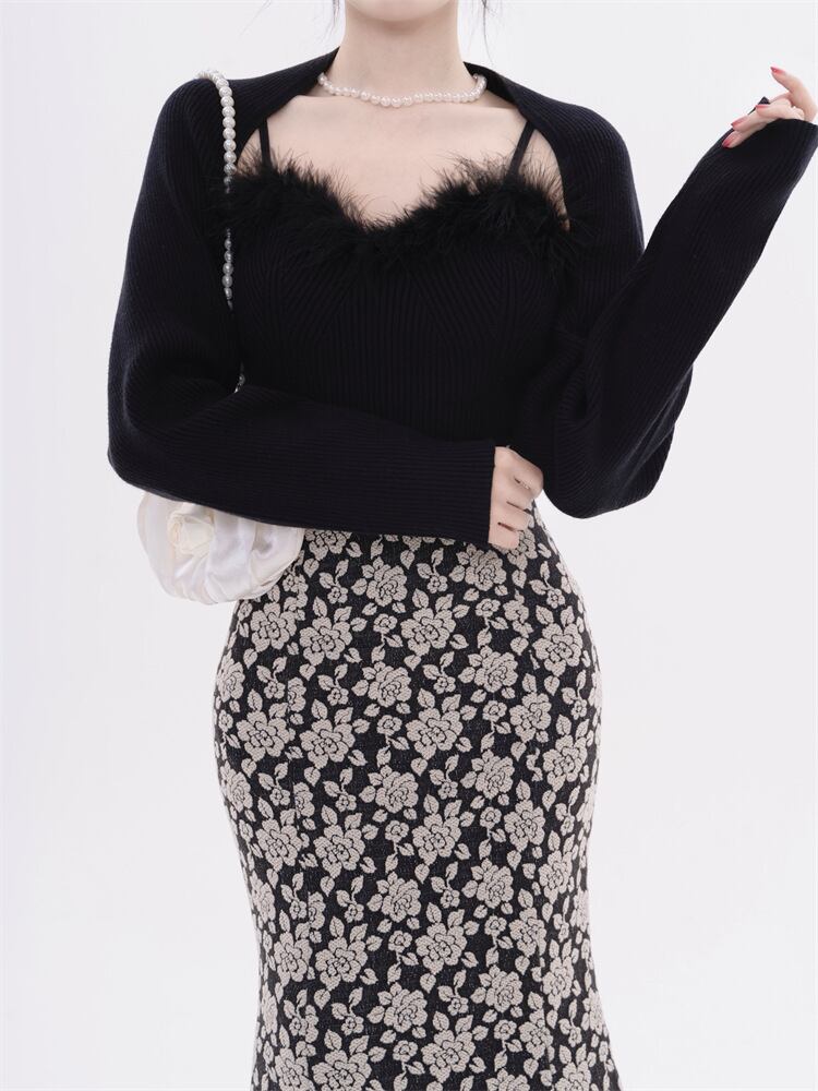 【tops】フェイクファーキャミソール×カーディガンセット　N2128