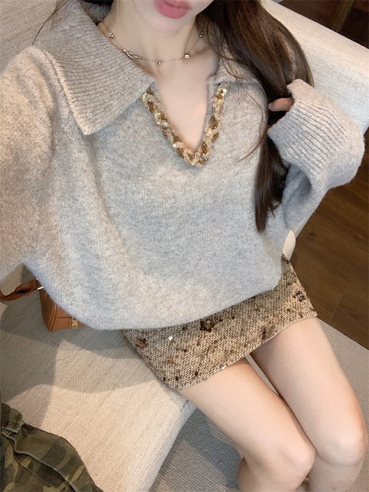 【set】Ⅴネックニットトップス×スパンコールスカートセット　M28146
