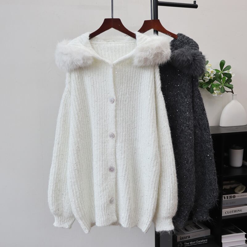 【outer】ファー付きニットカーディガン Q6991