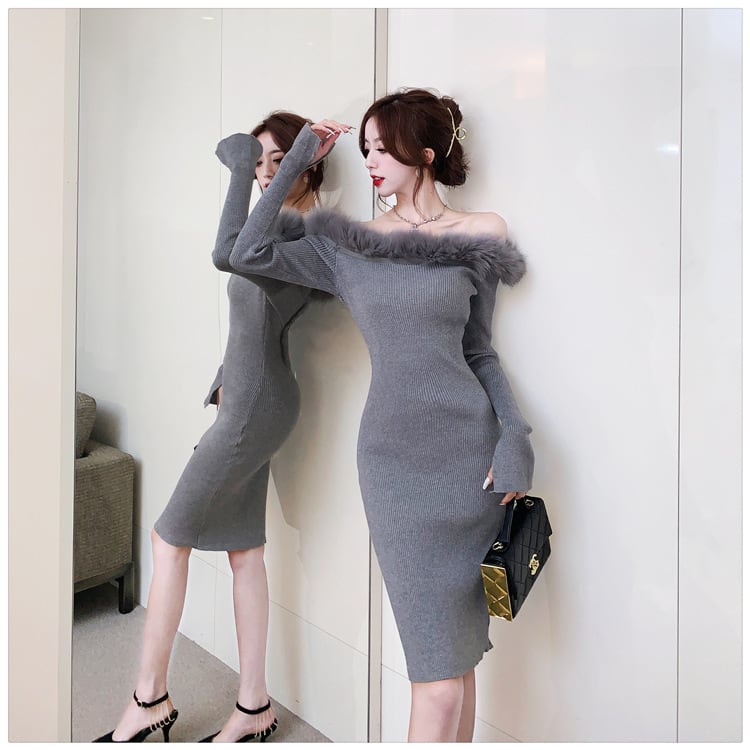 【dress】フェザーオフショルダーニットワンピース　M17993