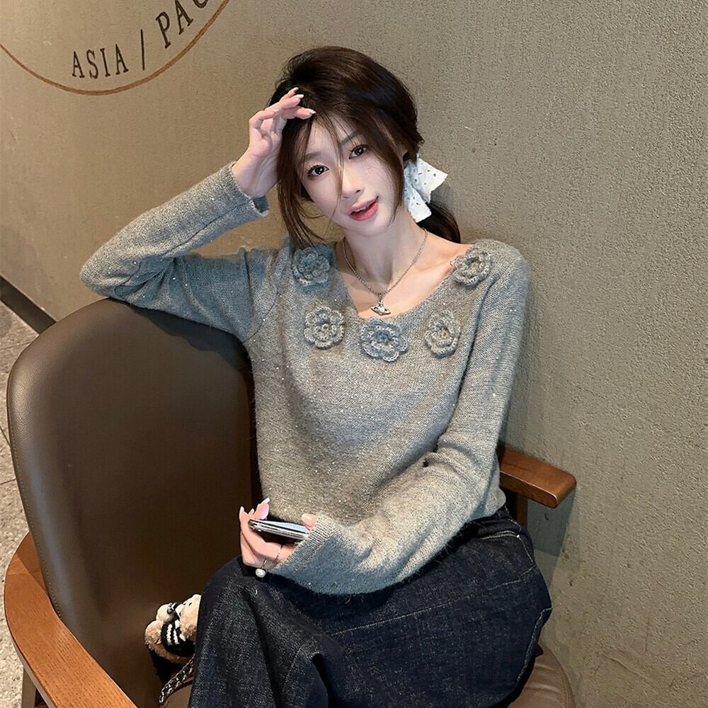 【tops】スパンコール立体フラワーニットトップス　M27222